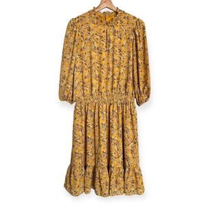 Nanette Lepore Mustard Floral High Neck 3/4 Puff Sleeve Midi Dress Women's 12